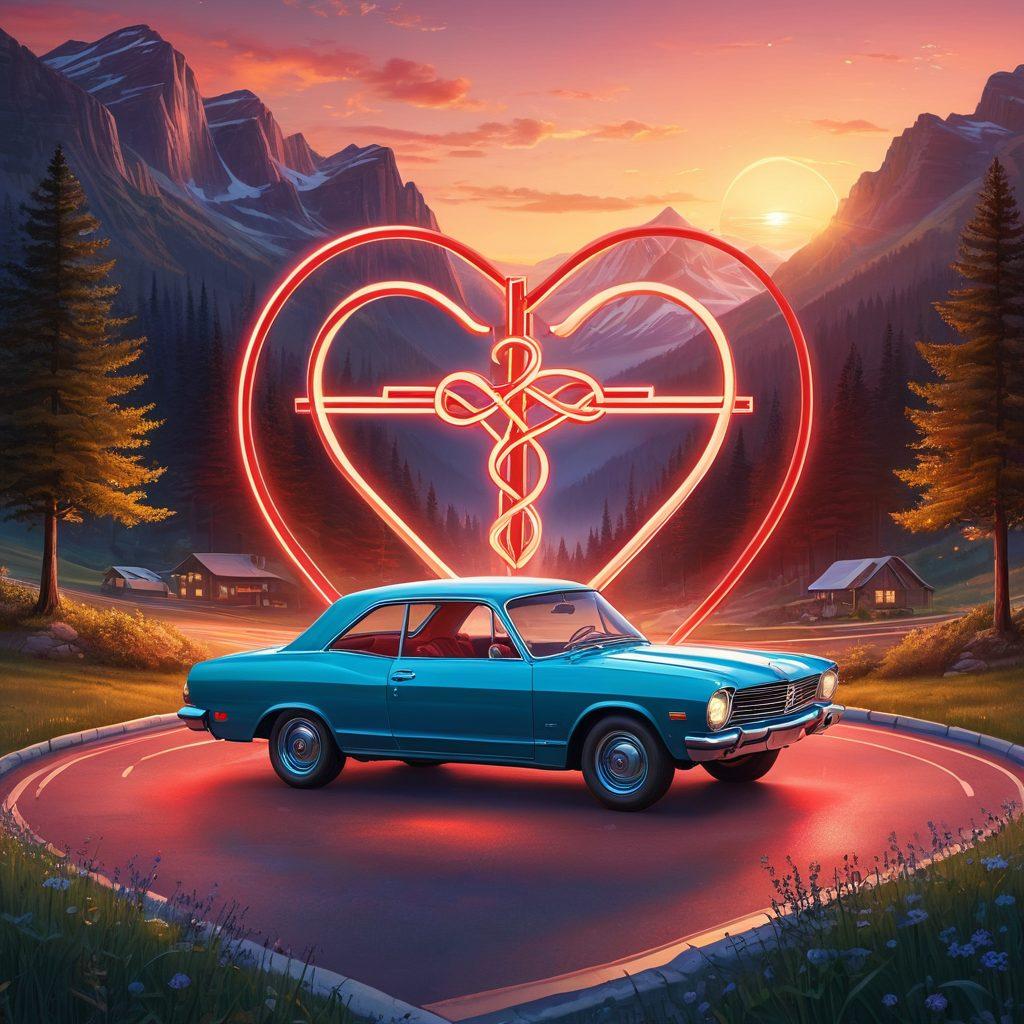 A heart symbol intertwined with a car and a medical cross, symbolizing the connection between automotive, health, and love. Soft glowing lights surround the elements, representing inspiration and smart choices. A background of a serene landscape reflects harmony and trust. The color palette is warm and inviting with shades of red, blue, and green. vector art. vibrant colors.