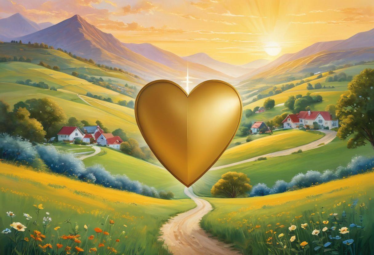 A heart-shaped shield symbolizing love and protection, surrounded by diverse insurance icons like home, health, life, and auto in a serene landscape. The elements should radiate warmth and security, showcasing harmonious colors that evoke trust and care. A soft light illuminating the scene creates a sense of hope and reassurance. painterly style. vibrant colors.