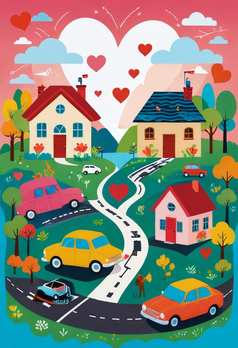 A whimsical illustration of a couple, hand-in-hand, standing at a crossroads surrounded by various insurance symbols like houses, cars, and health icons. A radiant heart-shaped key floats above them, symbolizing love as the essential tool for unlocking tailored financial solutions. The background features a vibrant and colorful landscape representing hope and security. The style is a playful mix of vector art and bright, engaging colors.